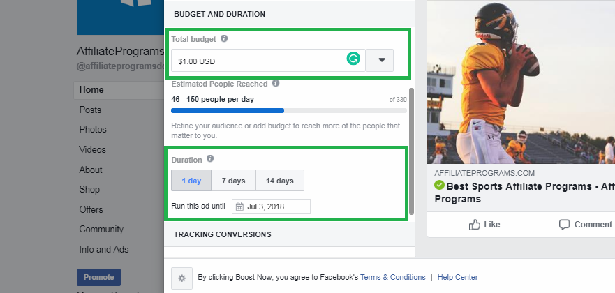 Boosted FB Post Budget and Duration
