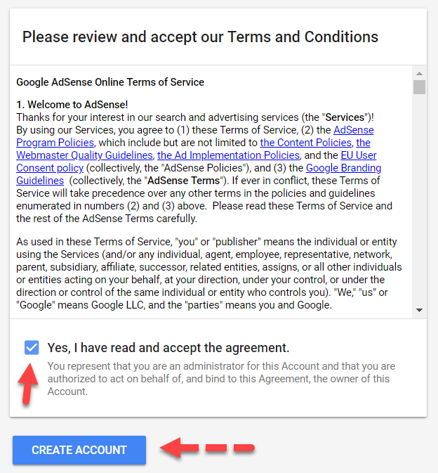 Step 6 - Agree to the Google AdSense Terms